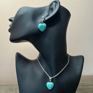 Turquoise Color Heart Pendant Necklace and Earring Set